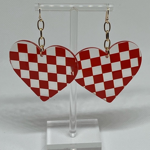 Jewelry - Red and White Checkered Heart Earrings